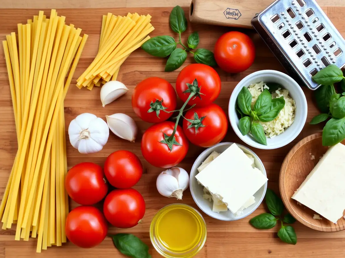 Ingredients for radiatore pasta, including uncooked pasta, fresh tomatoes, garlic, olive oil, Parmesan cheese, and basil leaves.