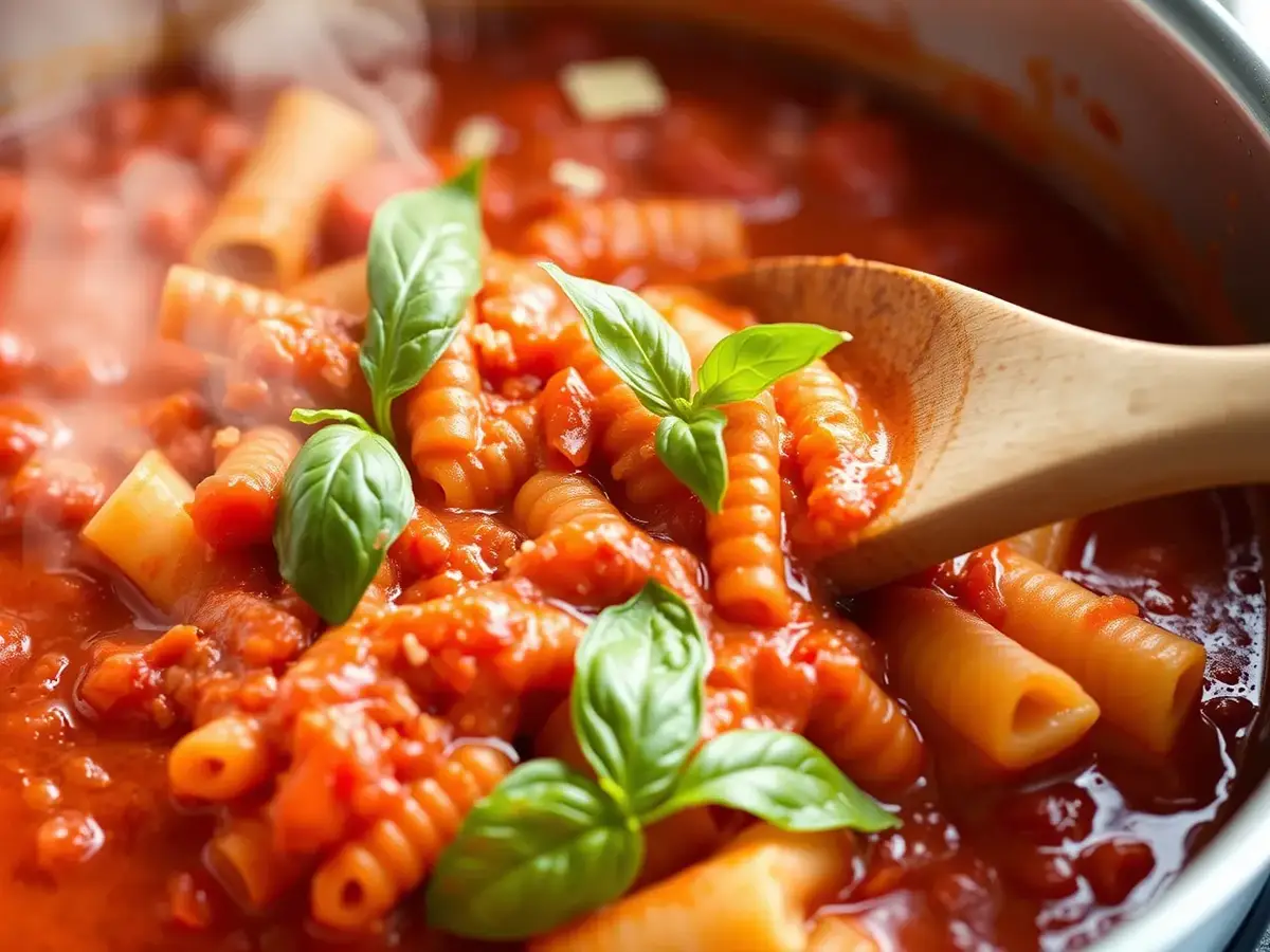 Radiatore pasta being stirred into a simmering tomato sauce with fresh basil.