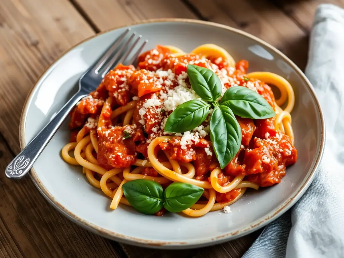 A plate of radiatore pasta with tomato basil sauce and Parmesan cheese on a wooden table.