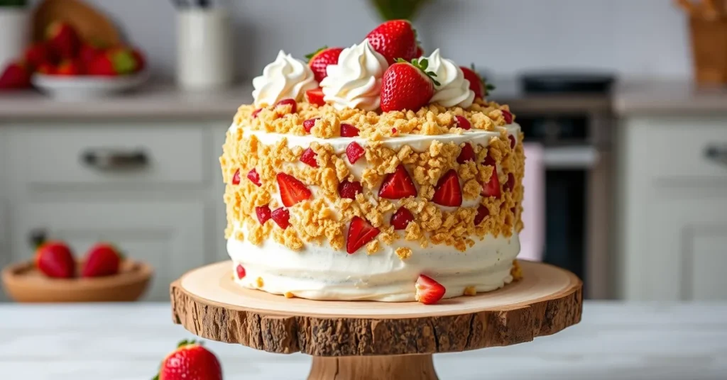 A fully decorated strawberry crunch cake with a crunchy topping, garnished with fresh strawberries and cream on a wooden cake stand.