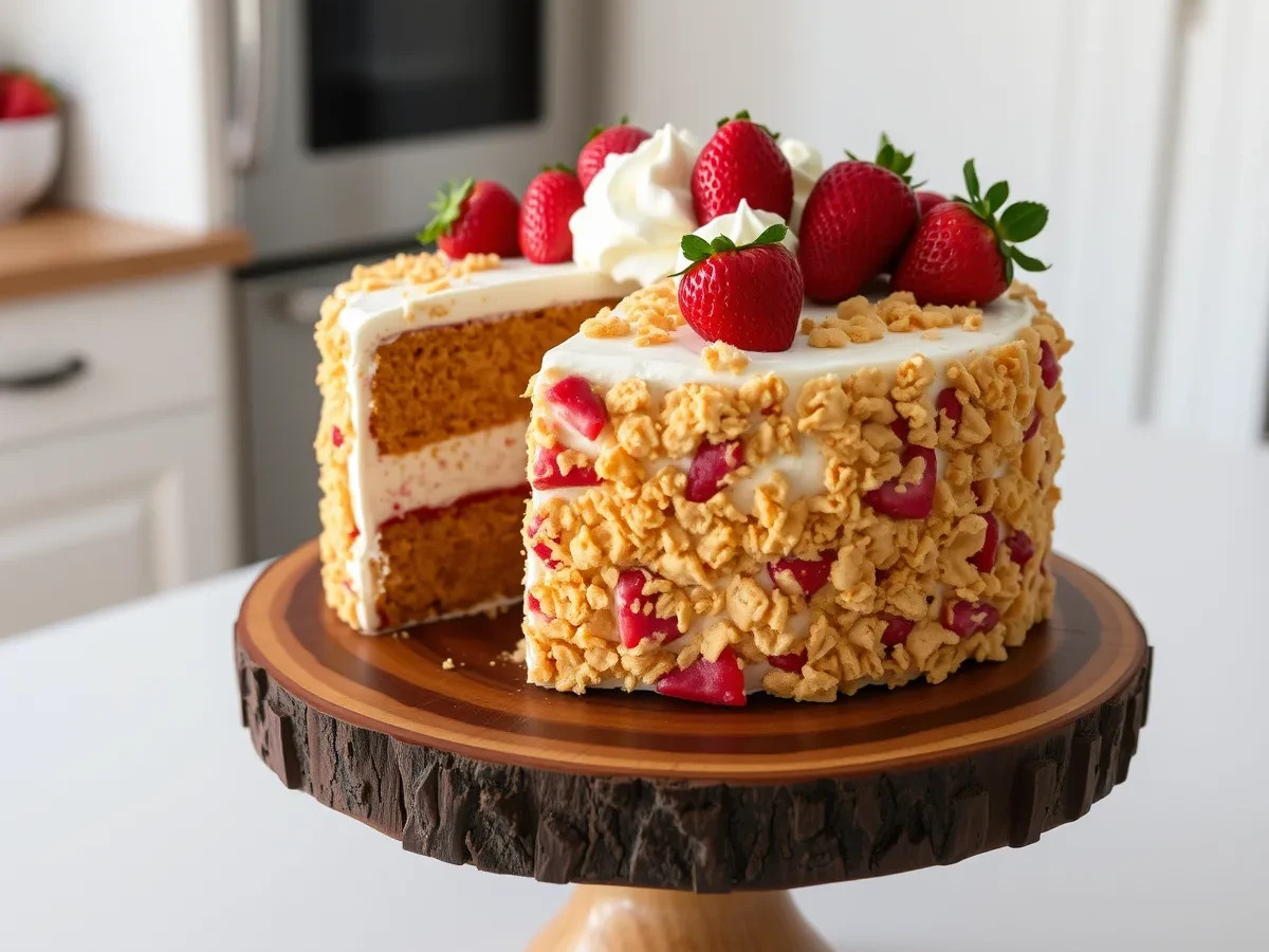 A fully decorated strawberry crunch cake with a crunchy topping, garnished with fresh strawberries and cream on a wooden cake stand.