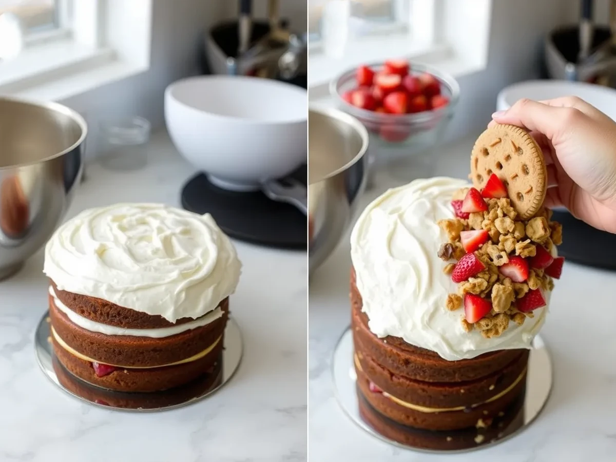 The process of preparing a strawberry crunch cake, showing frosting being applied and the crunchy topping added to the sides.