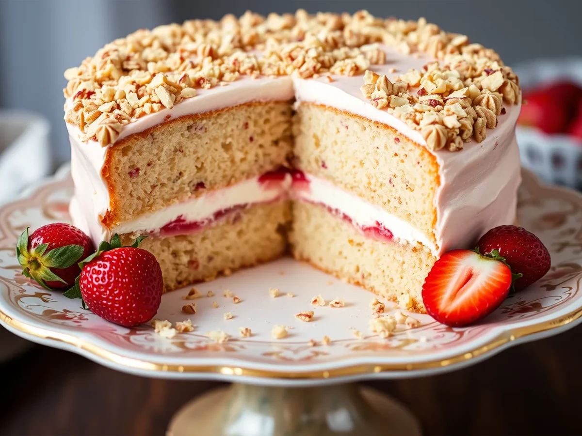 A close-up shot of a sliced strawberry crunch cake, showcasing its creamy layers and crunchy topping, with fresh strawberries placed around the plate.