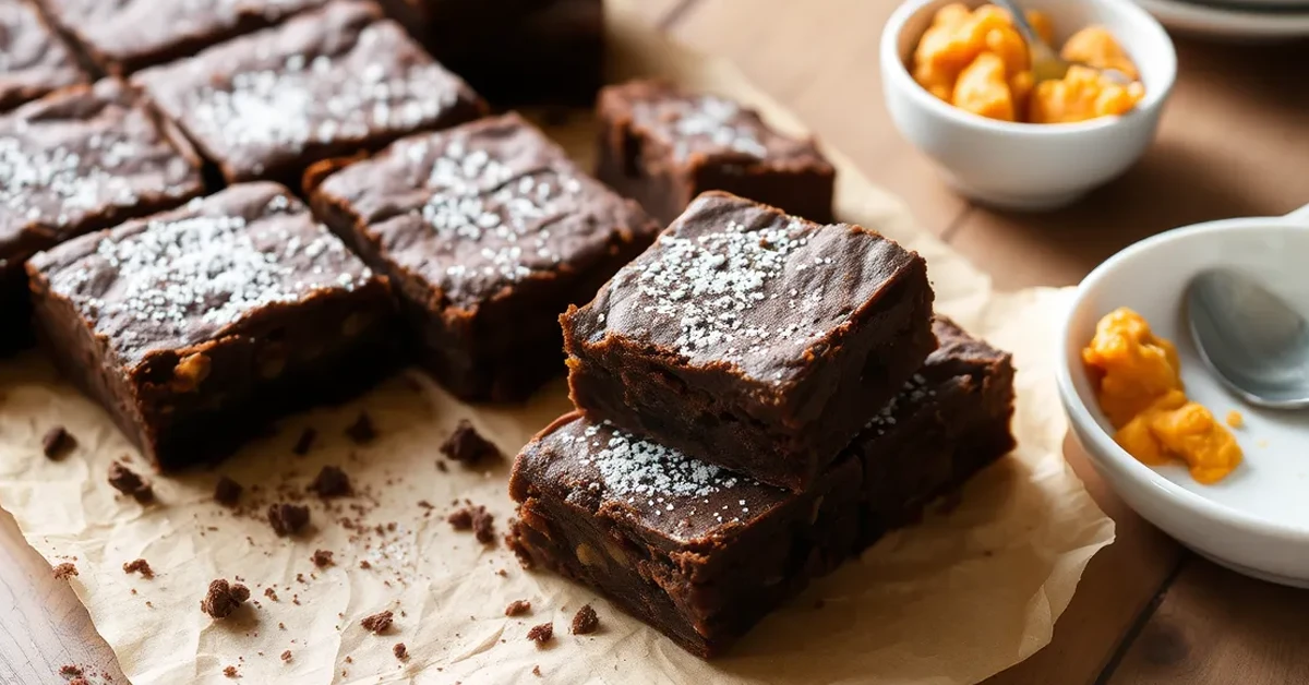 A freshly baked pan of sweet potato brownies, served in squares, with mashed sweet potatoes placed next to it.