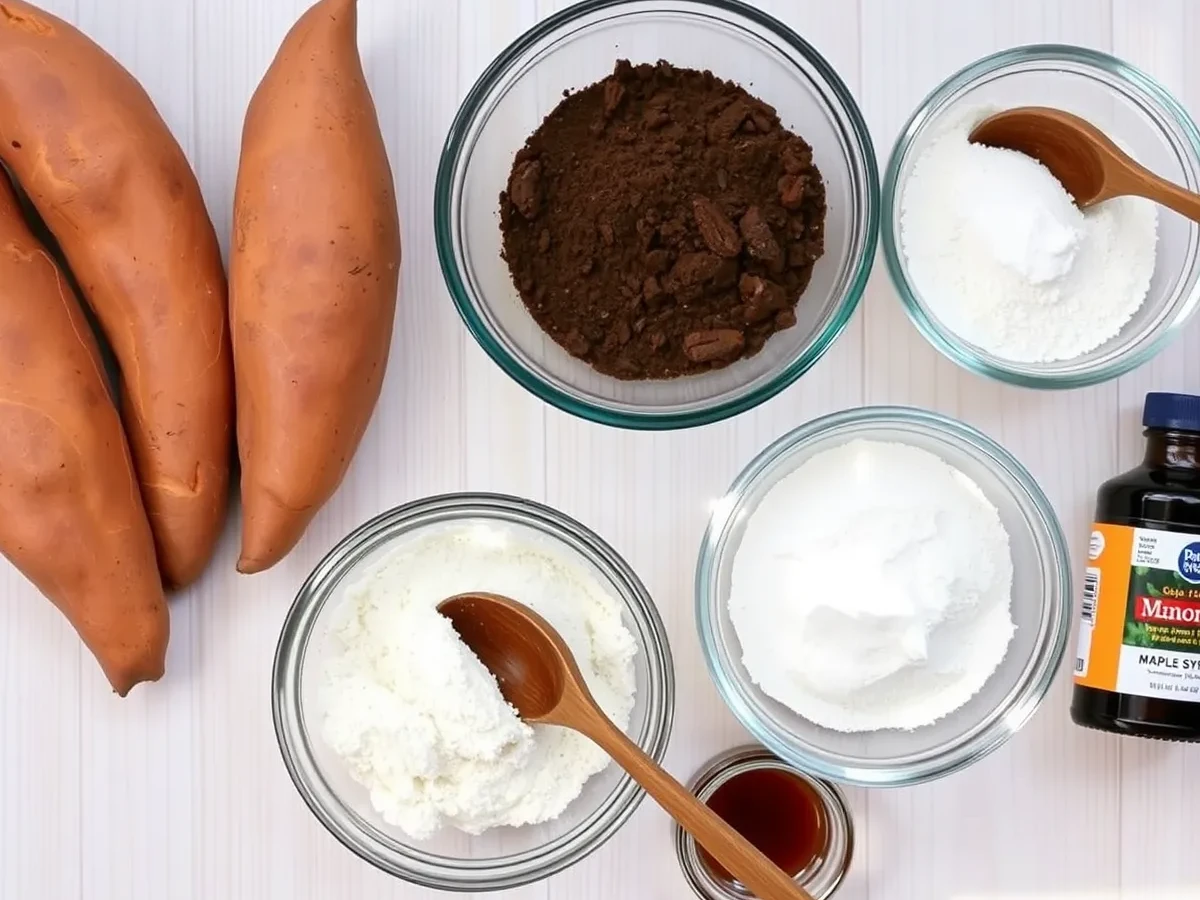 Ingredients for sweet potato brownies, including sweet potatoes, cocoa powder, almond flour, maple syrup, and more, laid out on a rustic wooden table.