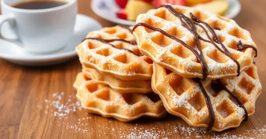 A stack of golden brown waffle cookies with a crispy outer layer, chewy center, and melted chocolate drizzle, set next to a cup of coffee.