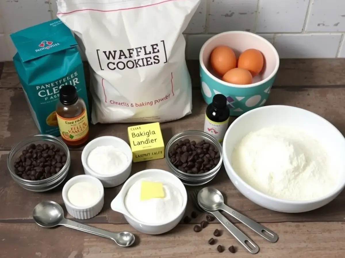 Ingredients for waffle cookies, including flour, sugar, butter, eggs, chocolate chips, and vanilla extract, laid out on a kitchen counter.