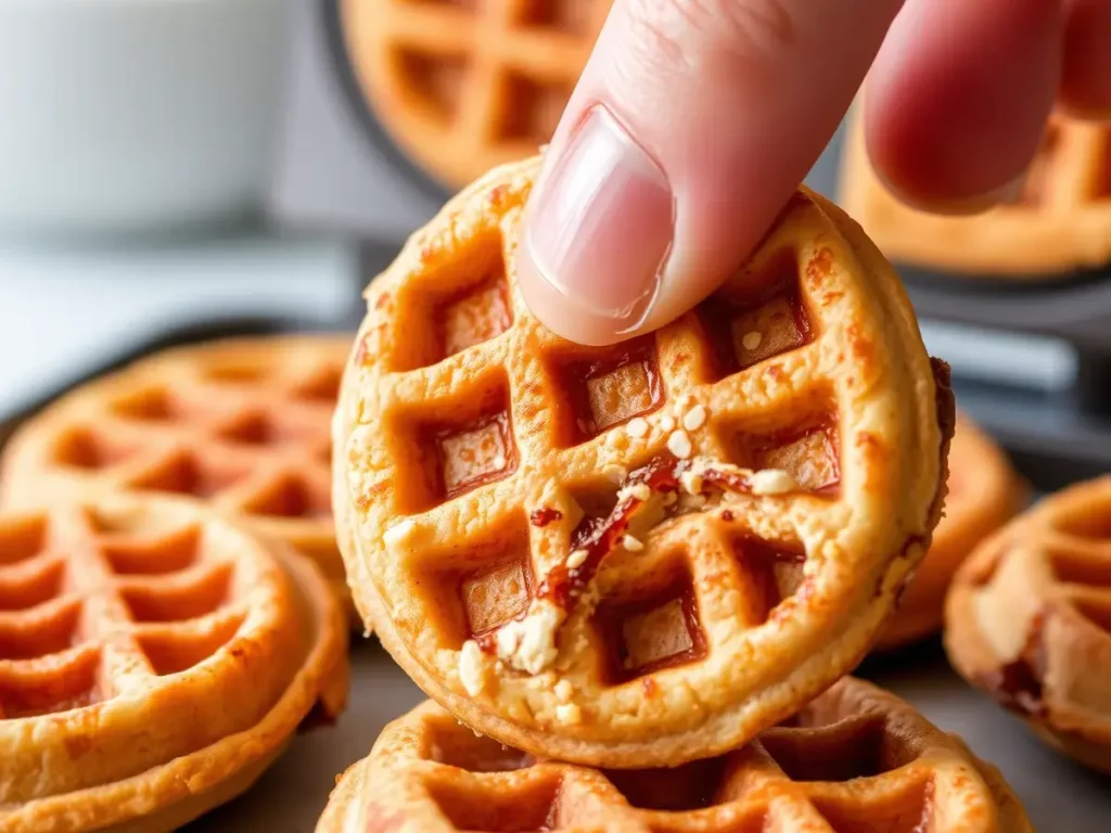 Perfectly baked waffle cookies with a crispy outer layer and chewy center, with a baker testing the texture.