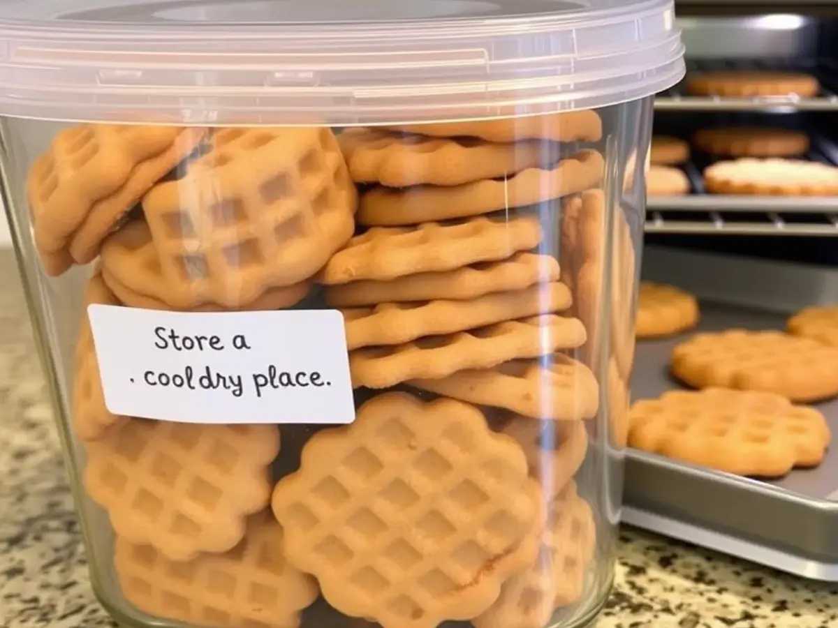 Storage container for waffle cookies with a label, and a toaster oven with reheating waffle cookies on a tray.