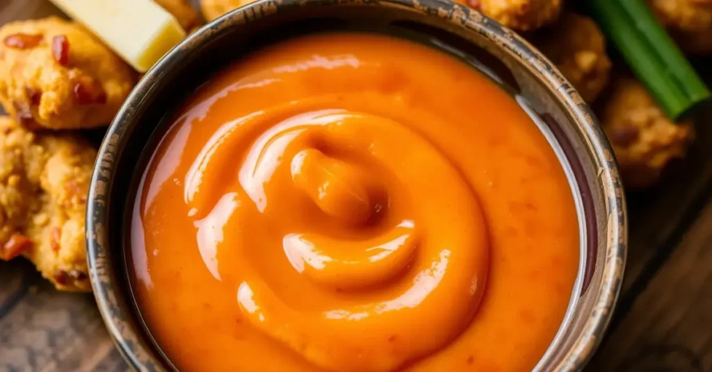 Bowl of homemade Polynesian sauce with chicken nuggets on a wooden table.