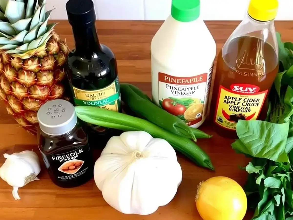 Fresh ingredients for Polynesian sauce recipe: pineapple juice, honey, apple cider vinegar, soy sauce, and garlic.