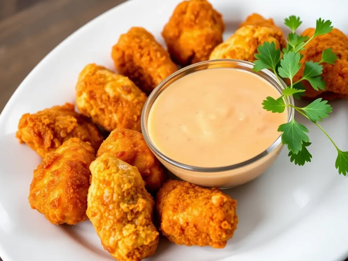 Polynesian sauce served in a small bowl with crispy chicken nuggets.