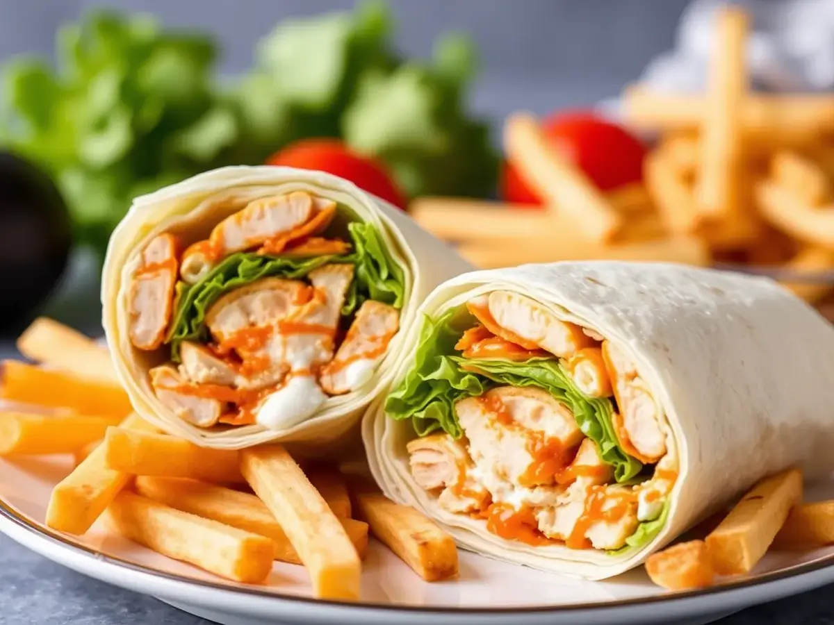 A beautifully presented Spicy Buffalo Chicken Wrap cut in half, showcasing grilled chicken, buffalo sauce, lettuce, and ranch dressing, served with crispy fries.