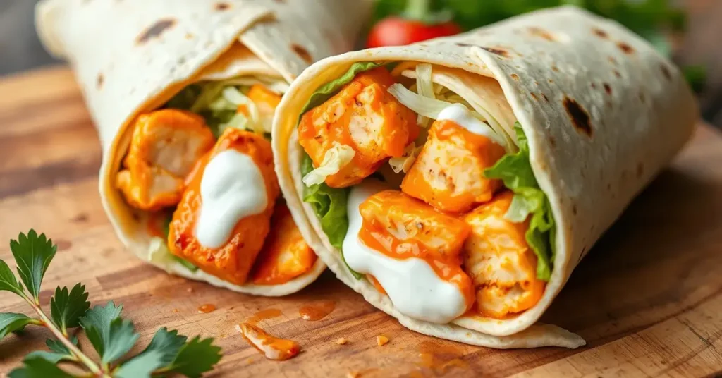 A close-up of a Spicy Buffalo Chicken Wrap sliced in half, showing grilled chicken strips, buffalo sauce, lettuce, and ranch dressing inside a flour tortilla, garnished with fresh herbs.