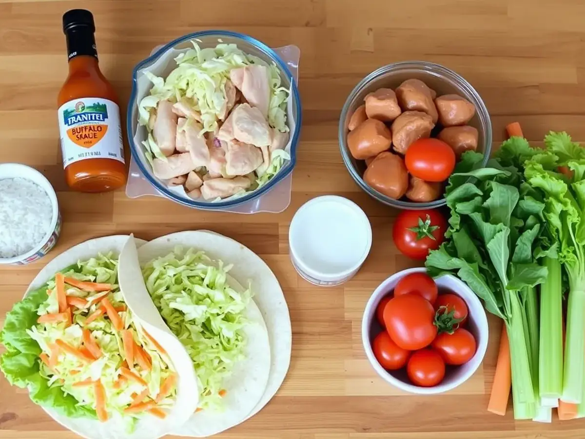 Ingredients for a Spicy Buffalo Chicken Wrap including chicken breasts, buffalo sauce, lettuce, flour tortillas, ranch dressing, tomatoes, celery, and carrots on a wooden countertop.