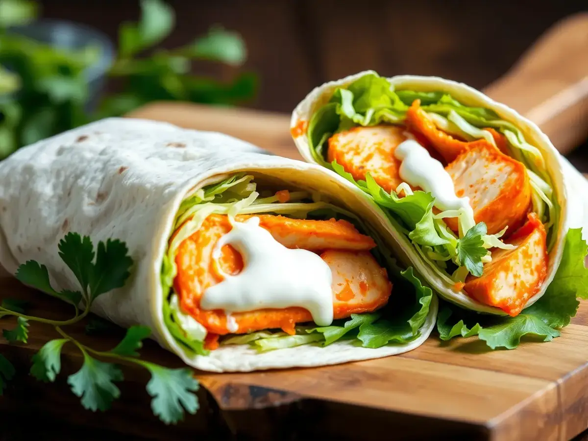 A close-up of a Spicy Buffalo Chicken Wrap sliced in half, showing grilled chicken strips, buffalo sauce, lettuce, and ranch dressing inside a flour tortilla, garnished with fresh herbs.