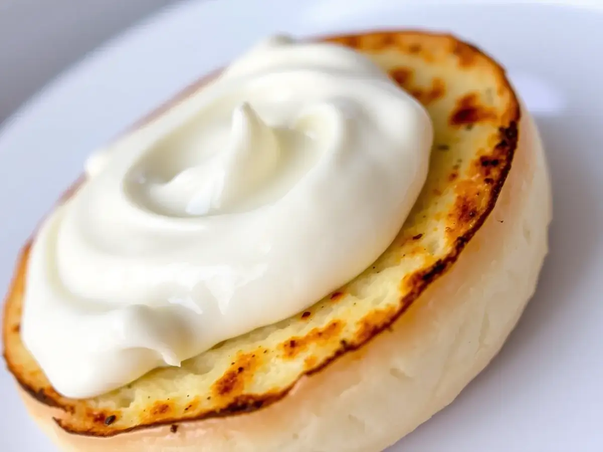 Close-up of a toasted bagel with cream cheese, showing a smooth, creamy texture spread on top.