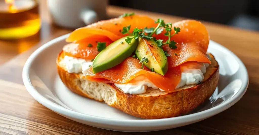 A freshly toasted bagel with cream cheese topped with smoked salmon, avocado, and fresh herbs, beautifully presented on a plate.