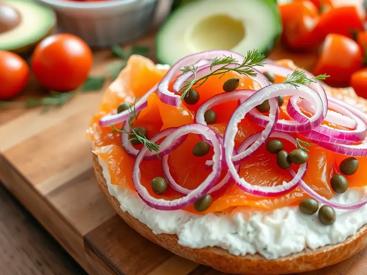 A bagel with cream cheese topped with smoked salmon, red onions, and capers, surrounded by fresh toppings.