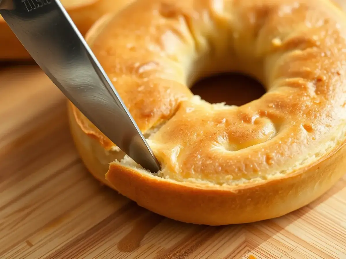 Close-up of a fresh bagel being sliced in half on a wooden cutting board.