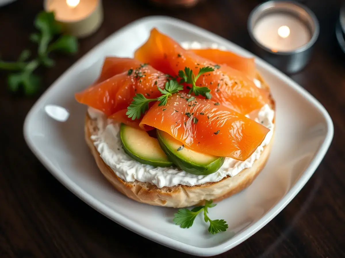 A freshly toasted bagel with cream cheese topped with smoked salmon, avocado, and fresh herbs, beautifully presented on a plate.