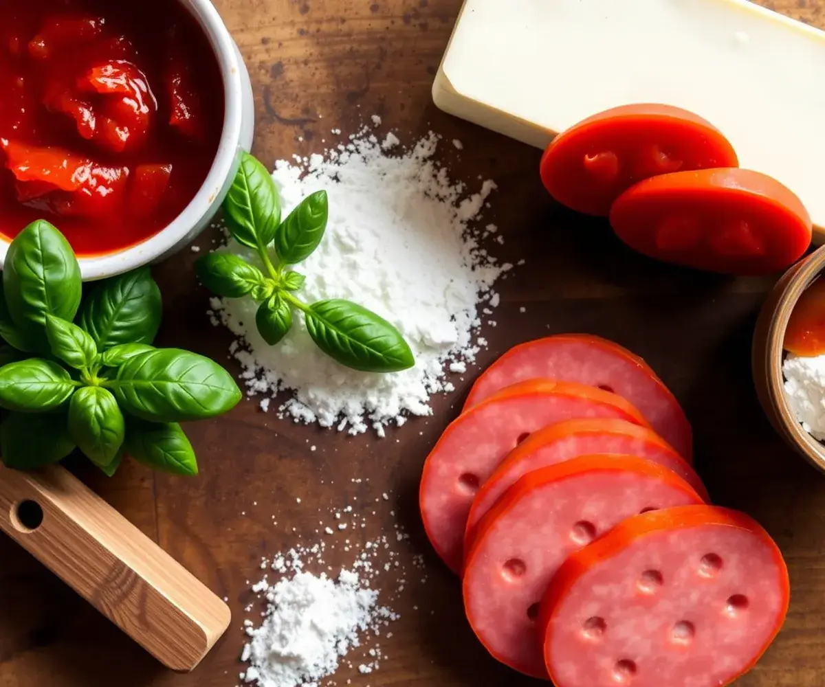 Ingredients for a beef pepperoni dish, including slices of beef pepperoni, mozzarella cheese, marinara sauce, basil, and flour.