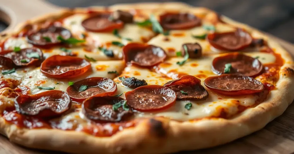 Delicious homemade beef pepperoni pizza with crispy slices of beef pepperoni and melted cheese, served on a wooden pizza board.