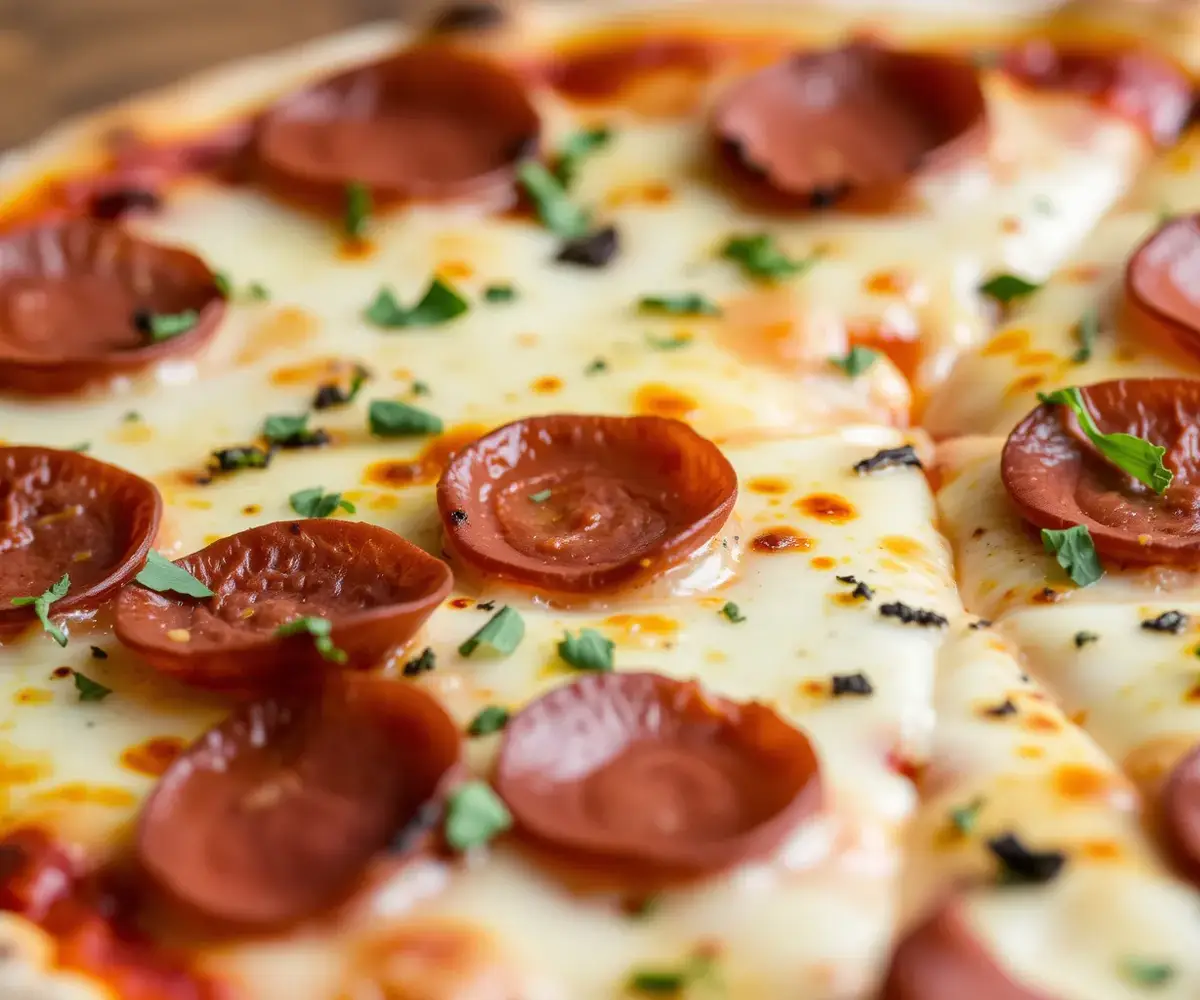 Delicious homemade beef pepperoni pizza with crispy slices of beef pepperoni and melted cheese, served on a wooden pizza board.