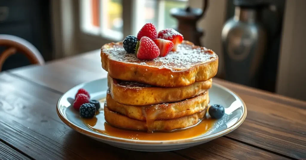 A golden stack of Brioche French Toast topped with fresh berries, maple syrup, and powdered sugar, served on a rustic breakfast table.