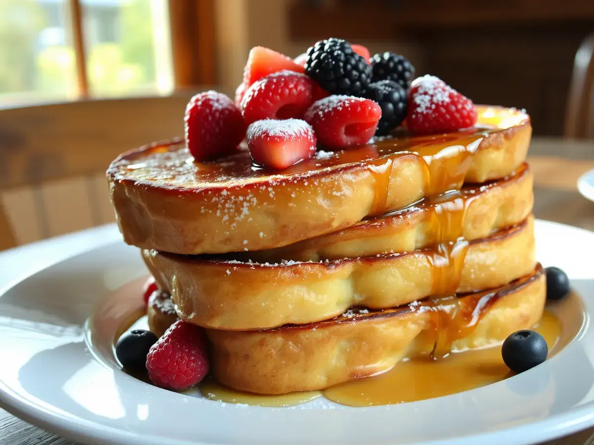 A golden stack of Brioche French Toast topped with fresh berries, maple syrup, and powdered sugar, served on a rustic breakfast table.