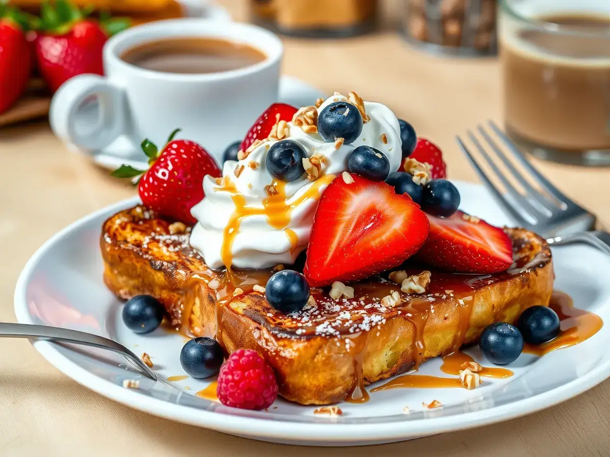 A plated Brioche French Toast Recipe topped with fresh berries, whipped cream, and caramel drizzle, served with a cup of coffee.