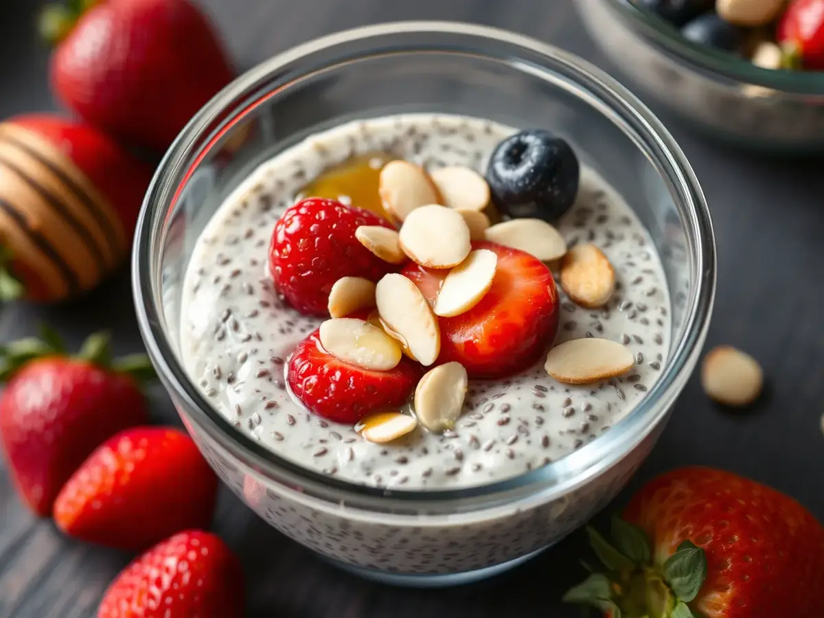 Creamy chia pudding in a glass bowl topped with fresh berries, sliced almonds, and honey.