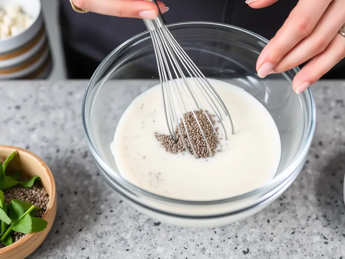 Whisking chia seeds and almond milk in a bowl for chia pudding.