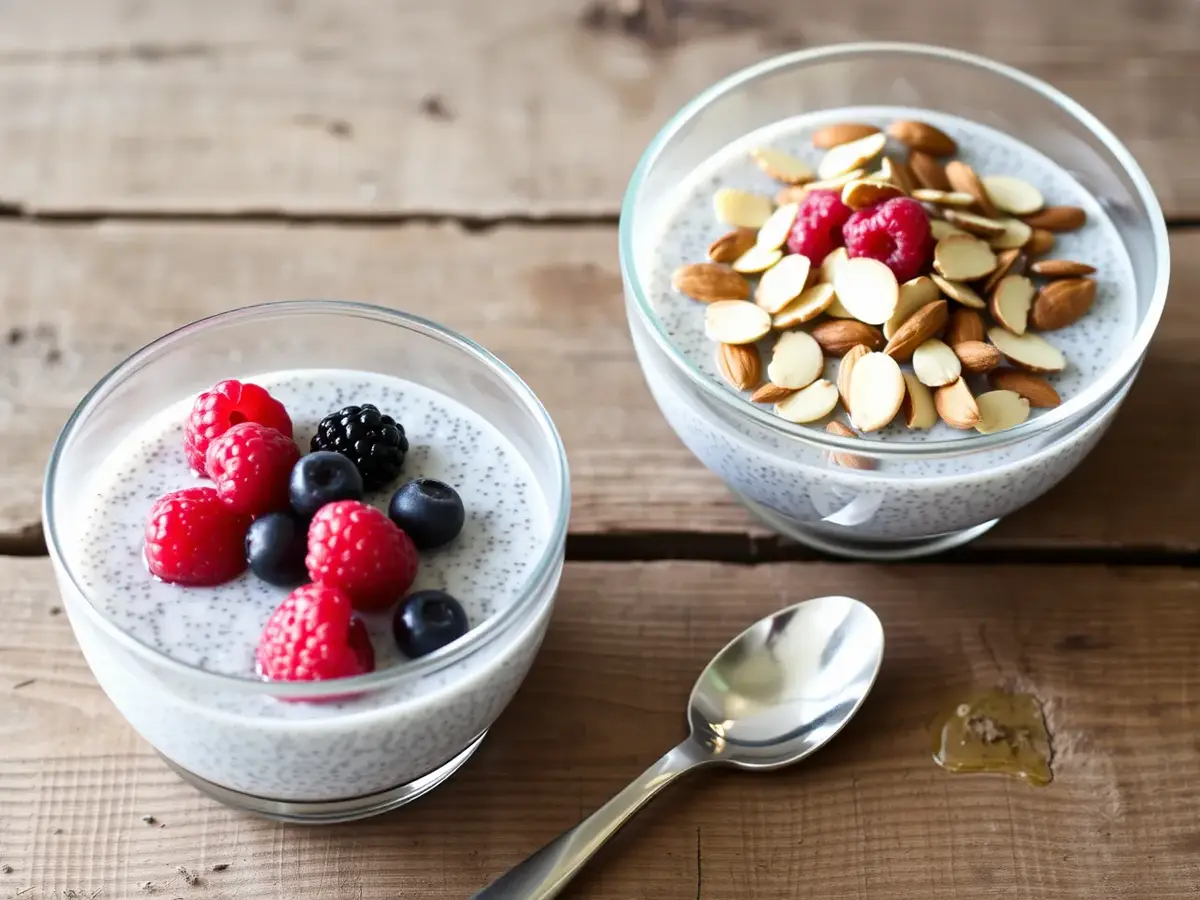 Two beautifully presented bowls of chia pudding with different toppings.