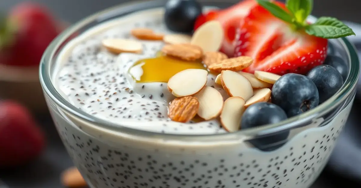 Creamy chia pudding in a glass bowl topped with fresh berries, sliced almonds, and honey.