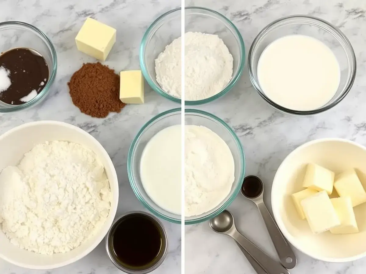 Ingredients for making chocolate gravy and biscuits: flour, cocoa powder, sugar, butter, milk, and buttermilk.