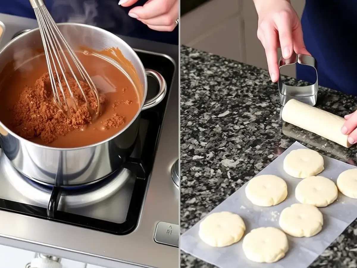 Whisking chocolate gravy on the stovetop and preparing biscuit dough on the counter.