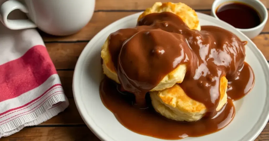 Plate of fluffy biscuits drenched in rich, creamy chocolate gravy served with a cup of coffee.