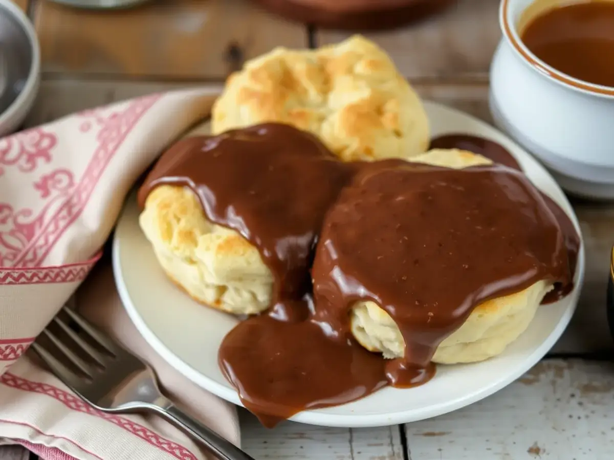 Plate of fluffy biscuits drenched in rich, creamy chocolate gravy served with a cup of coffee.