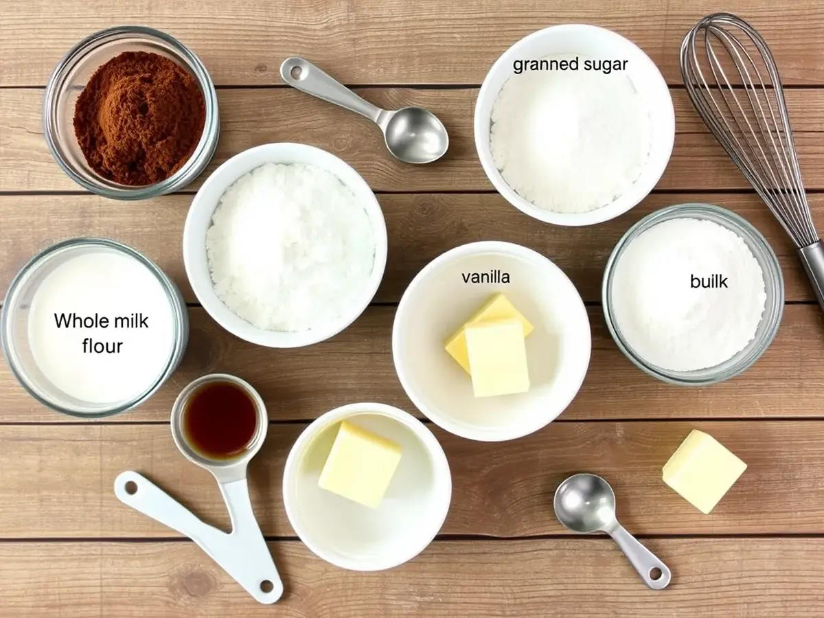 The ingredients for chocolate gravy recipe: cocoa powder, sugar, flour, milk, butter, and vanilla extract, ready for preparation.