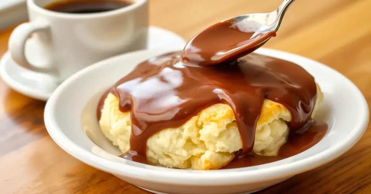 A bowl of chocolate gravy poured over fluffy biscuits, ready to serve as a comforting Southern breakfast.