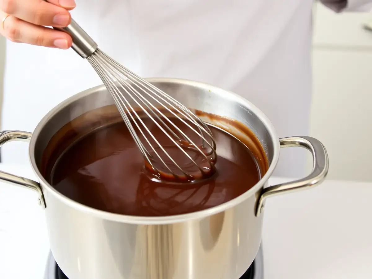 A chef preparing chocolate gravy recipe by whisking a rich, velvety chocolate sauce on the stovetop.