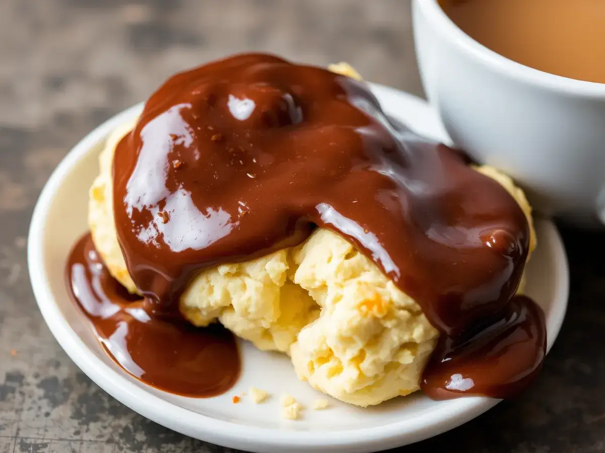 A freshly baked biscuit topped with homemade chocolate gravy, ready to enjoy for breakfast.