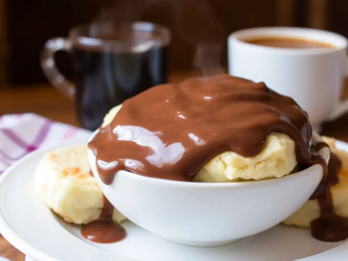 A bowl of chocolate gravy poured over fluffy biscuits, ready to serve as a comforting Southern breakfast.