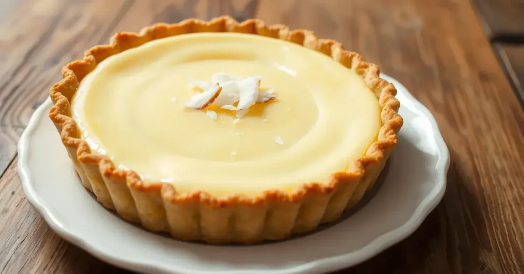 Golden-brown coconut custard pie with a creamy filling on a white plate, garnished with coconut flakes.