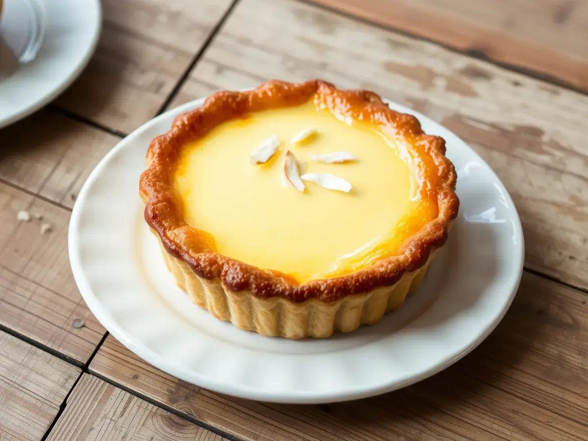 Golden-brown coconut custard pie with a creamy filling on a white plate, garnished with coconut flakes.