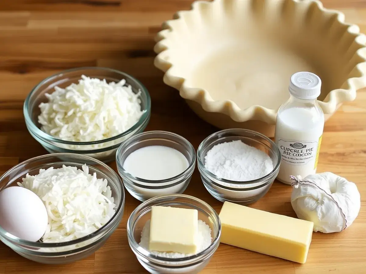 Ingredients for coconut custard pie including eggs, coconut flakes, milk, sugar, and pie crust laid out on a countertop.