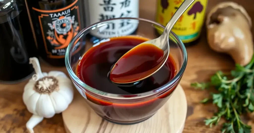 Homemade gluten-free teriyaki sauce in a glass bowl with a spoon, surrounded by fresh ingredients like garlic and ginger.