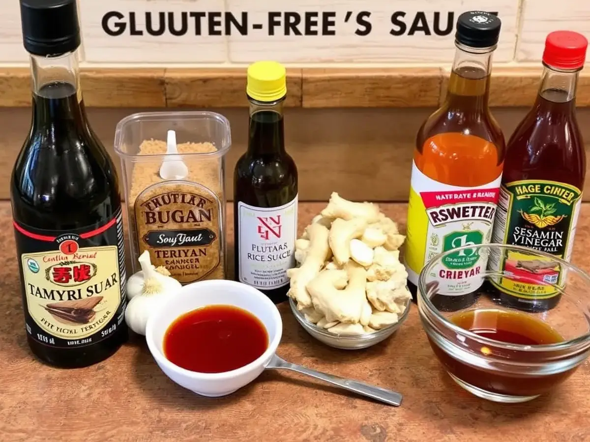 Ingredients for making homemade Gluten-Free Teriyaki Sauce including tamari soy sauce, garlic, ginger, and sesame oil.