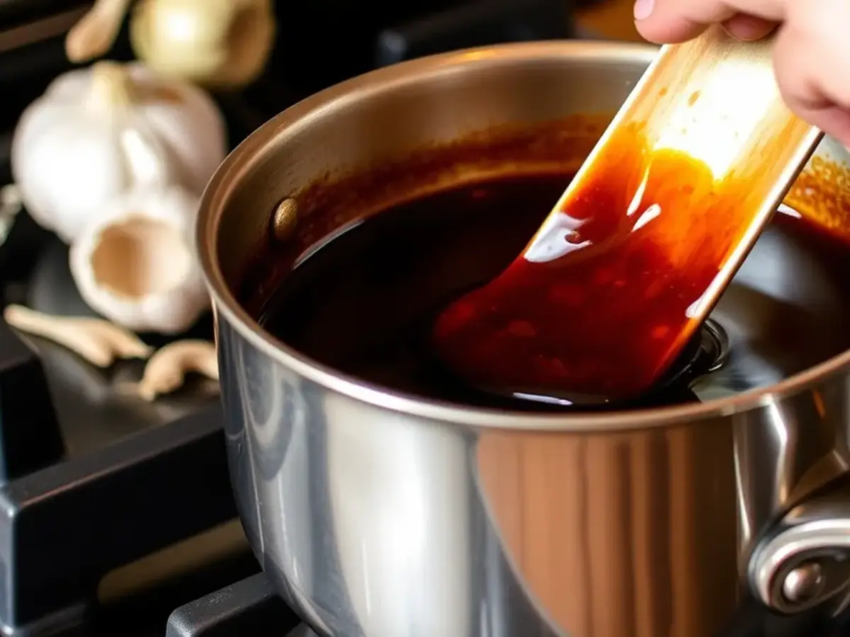 Cooking Gluten-Free Teriyaki Sauce in a saucepan with garlic, ginger, and tamari sauce.